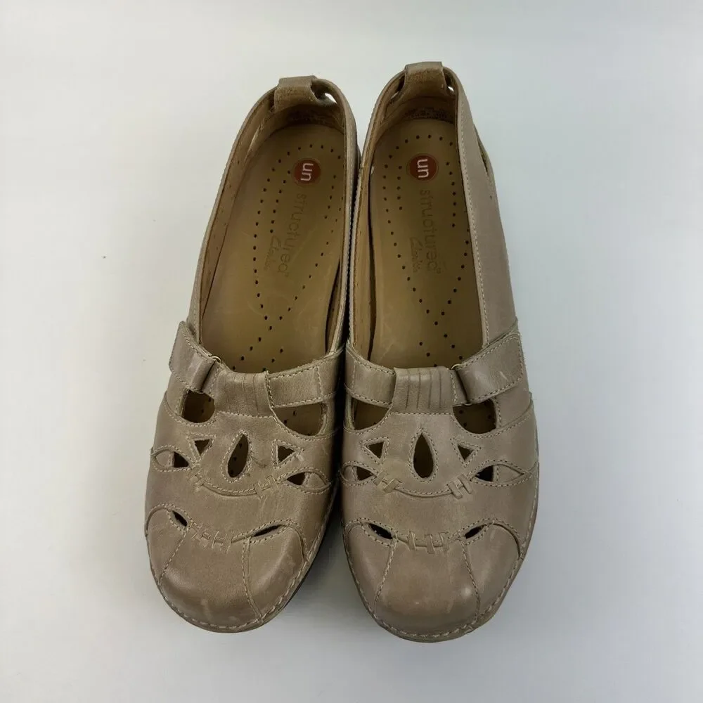 Clarks Unstructured Leather‎ Flat Loafer Cut Outs Sandal Tan Comfort Womens 10